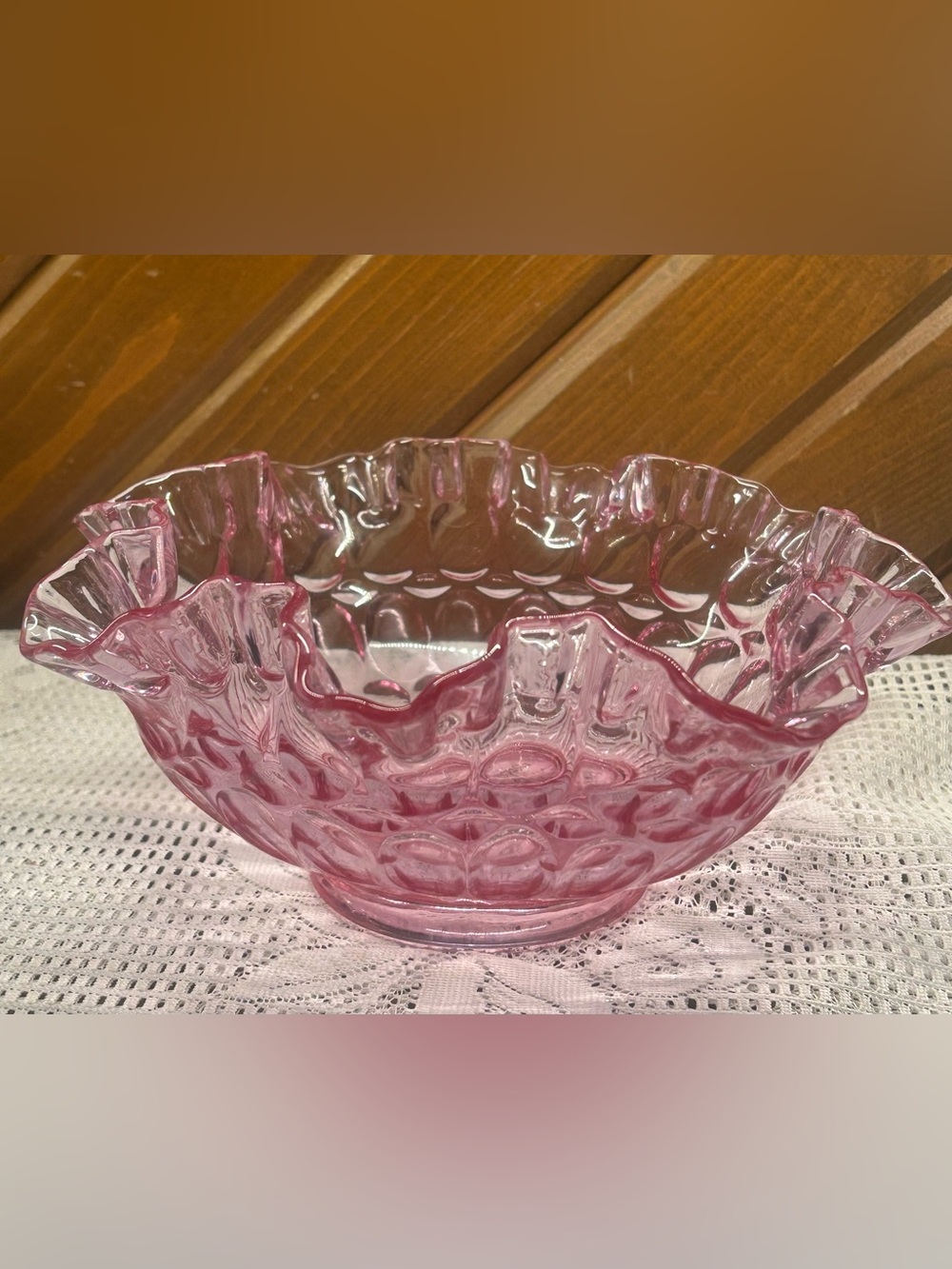 Vintage Fenton Colonial Pink Thumbprint Ruffled Glass Bowl
